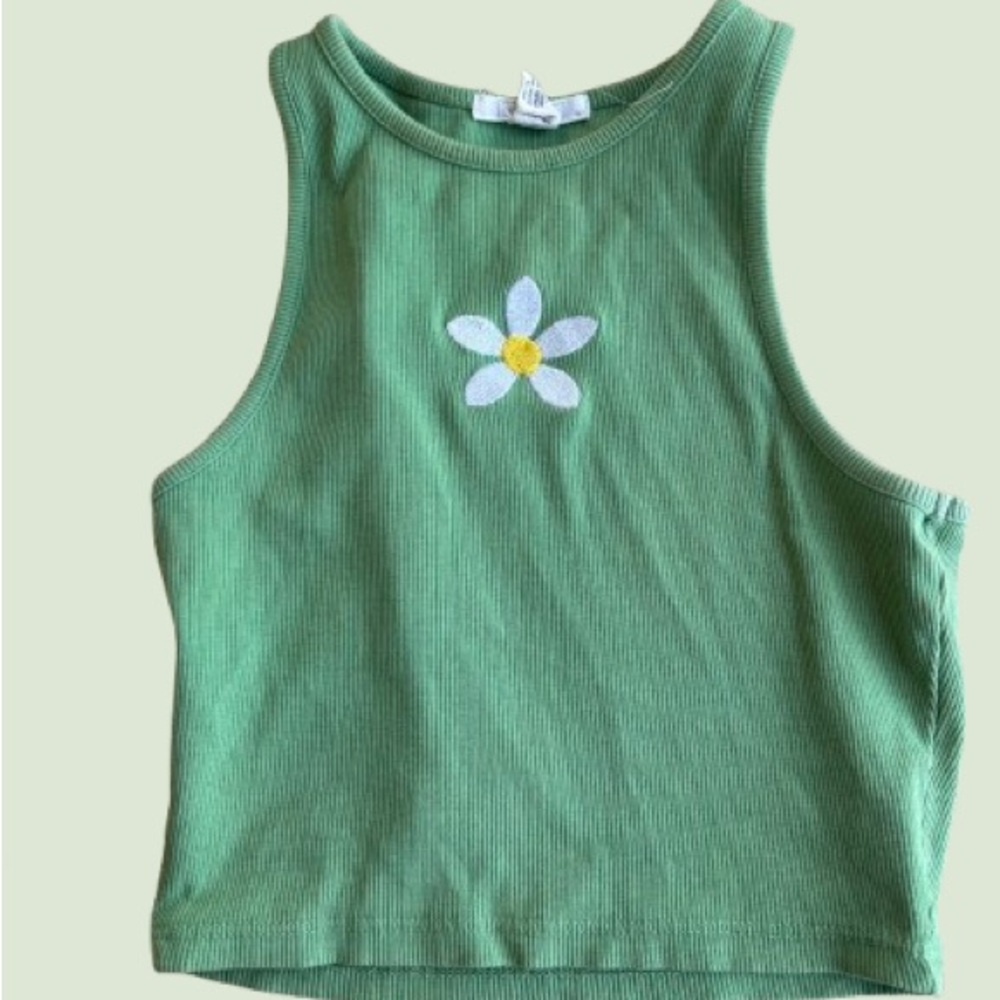 Full Tilt Green Tank Top with Daisy Embroidery